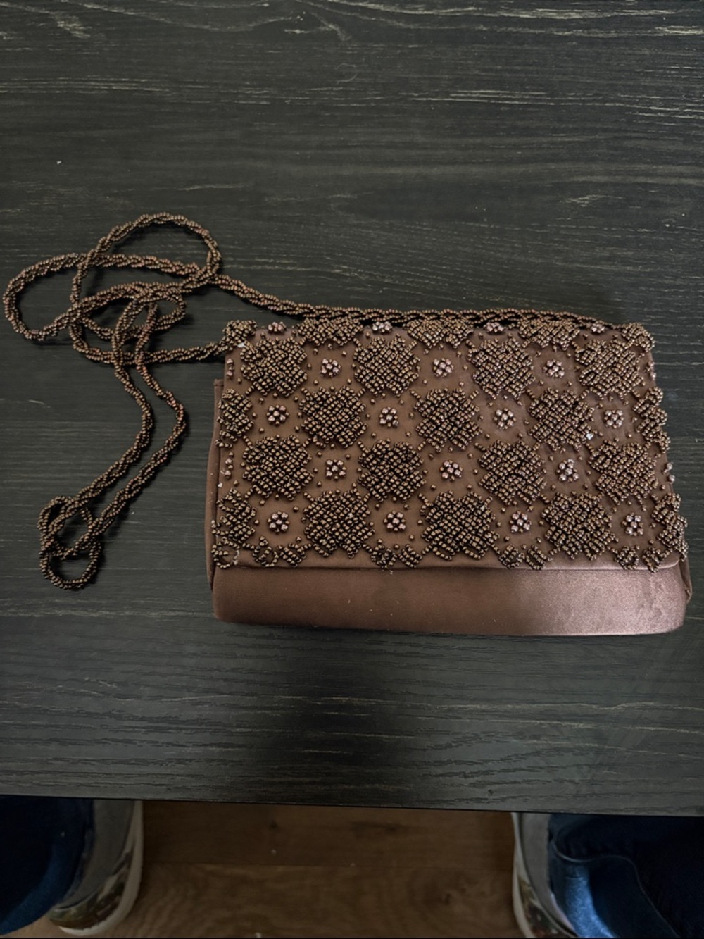 La Regale Brown Beaded Evening Shoulder Bag